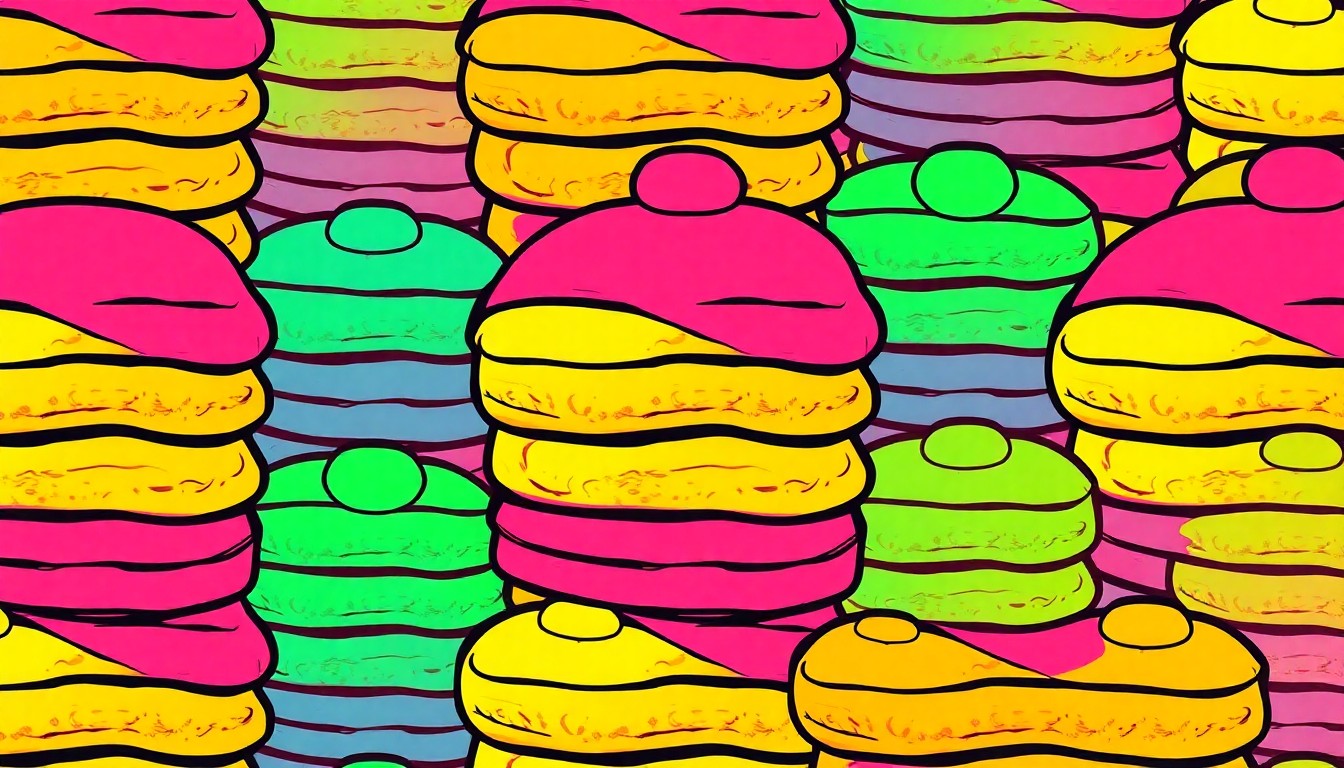 A vibrant, high-contrast silkscreen print featuring a repeating grid of fluffy, golden-brown Japanese soufflé pancakes, conceptually representing the popularity and unique texture of this viral food trend.