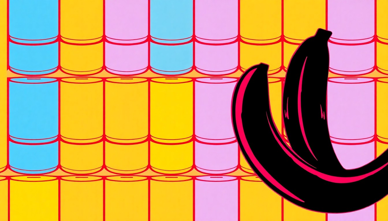 A vibrant, high-contrast silkscreen print featuring a repeated image of a blackened banana, conceptually representing Princess Anne's unusual dietary habits and frugal royal lifestyle.