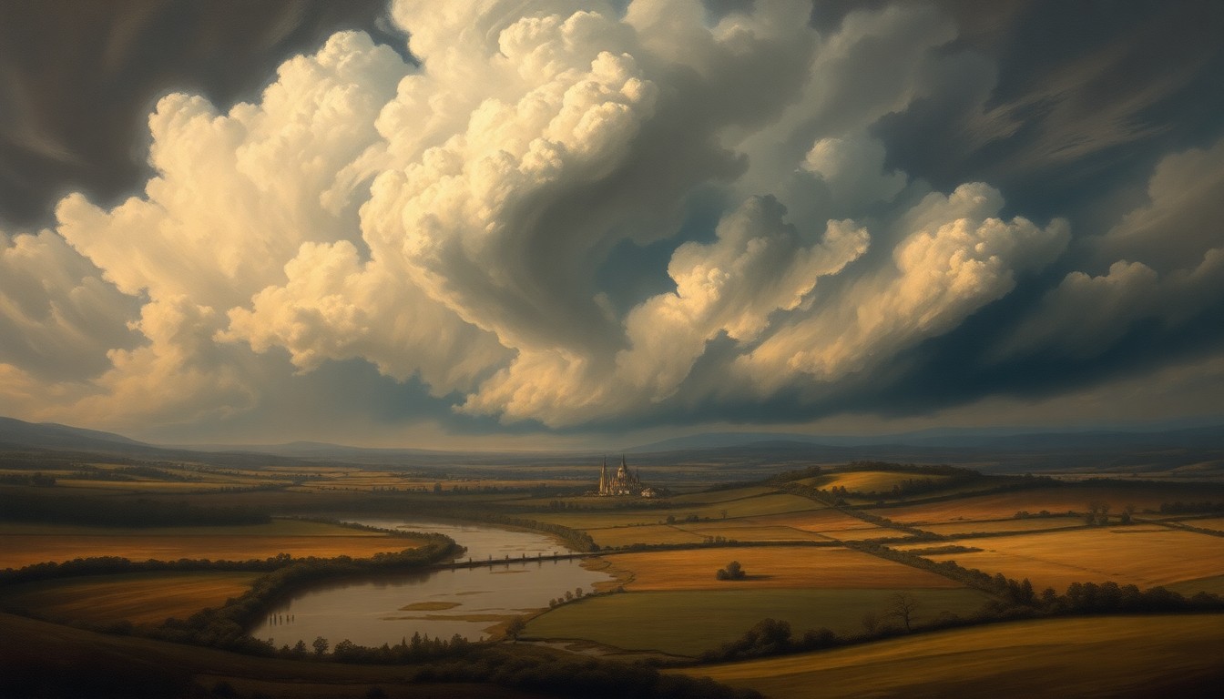 A sweeping, atmospheric landscape painting in muted tones of gray, blue, and green, with a small village nestled in a flooded valley, dwarfed by the dramatic, turbulent storm clouds overhead, conveying the overwhelming scale and power of the natural disaster.