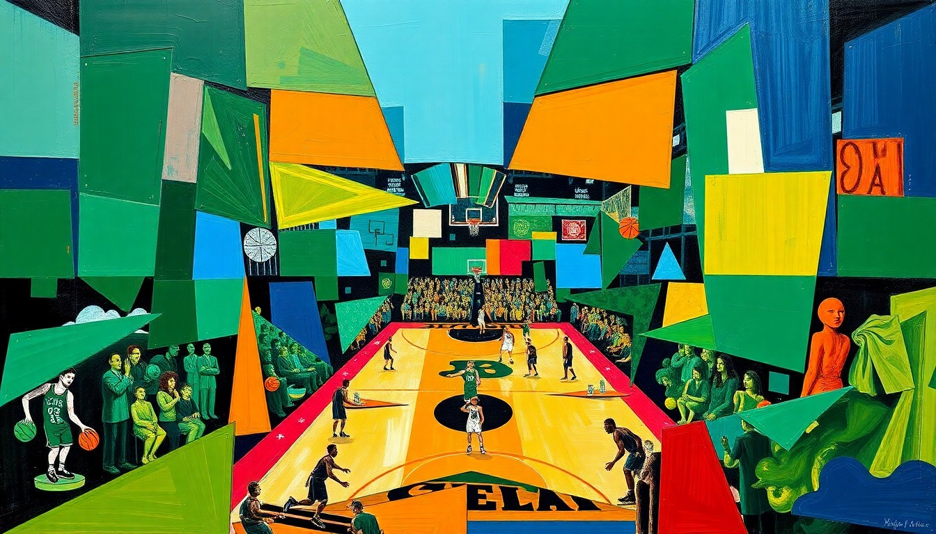 A fractured, cubist-style painting depicting a basketball game, with the players and court broken down into sharp, overlapping geometric shapes in vibrant shades of green, blue, and orange.