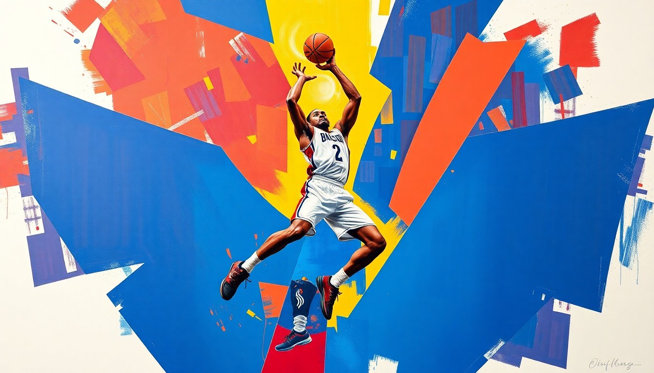 A fractured, cubist-style painting depicting a college basketball player in mid-motion, their body and movements broken down into sharp, overlapping geometric shapes and planes in a vibrant color palette of royal blue, crimson red, and golden yellow, conceptually representing the potential for Collin Chandler's transfer to BYU to transform the team.