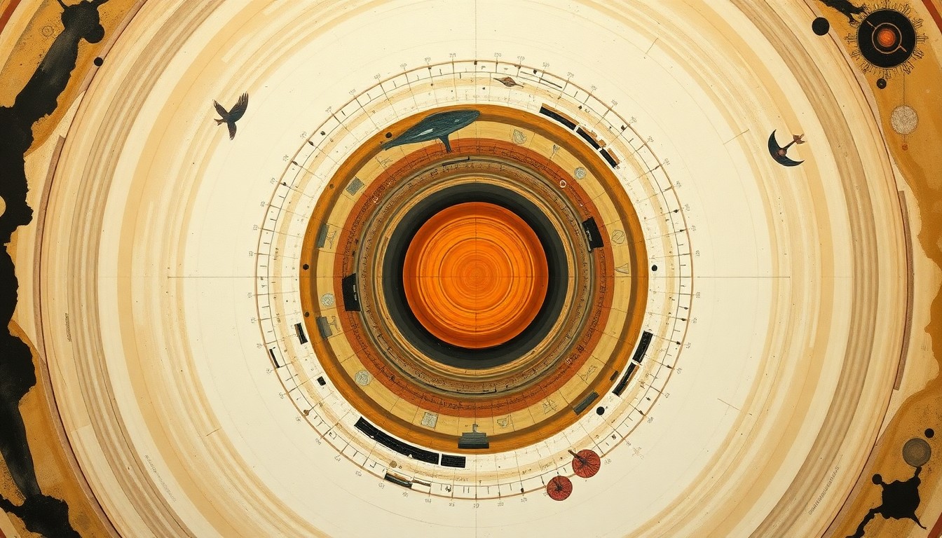A highly structured abstract painting in soft, earthy tones featuring sweeping geometric arcs, concentric planetary circles, and precise botanical spirals, conceptually representing the interconnectedness and cosmic perspective of the Artemis II crew.