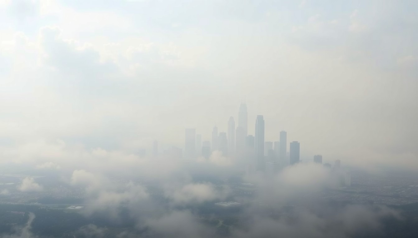 A vast, hazy landscape painting depicting the Atlanta skyline shrouded in a dramatic, atmospheric veil of smoke and haze, conveying the overwhelming power of the natural forces at play.
