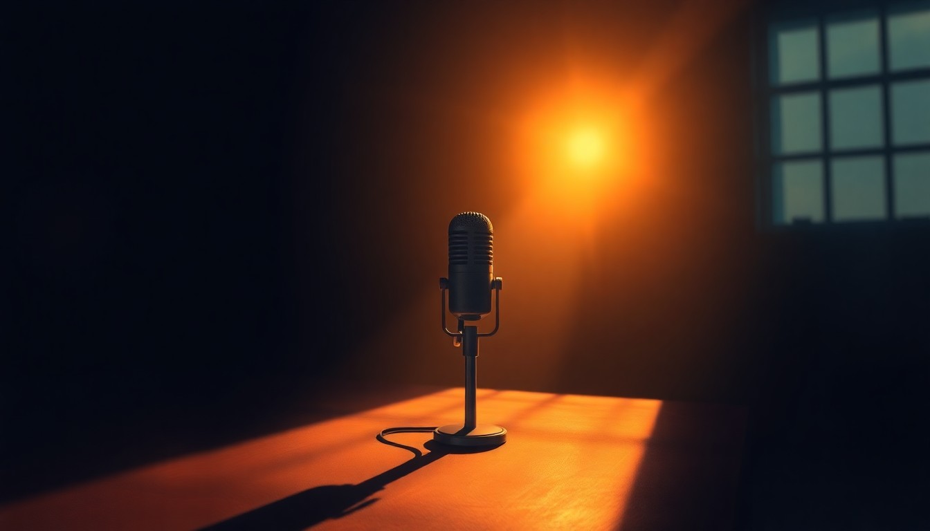 A close-up painting of a solitary microphone or camera lens, its metallic surface reflecting the warm, golden light of the scene, conveying a sense of the challenges faced by journalists reporting in restrictive environments.
