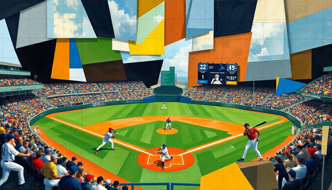 A cubist, geometric painting depicting a baseball game, with the players and field reduced to abstract shapes and planes of color in a fractured, multi-perspective style.