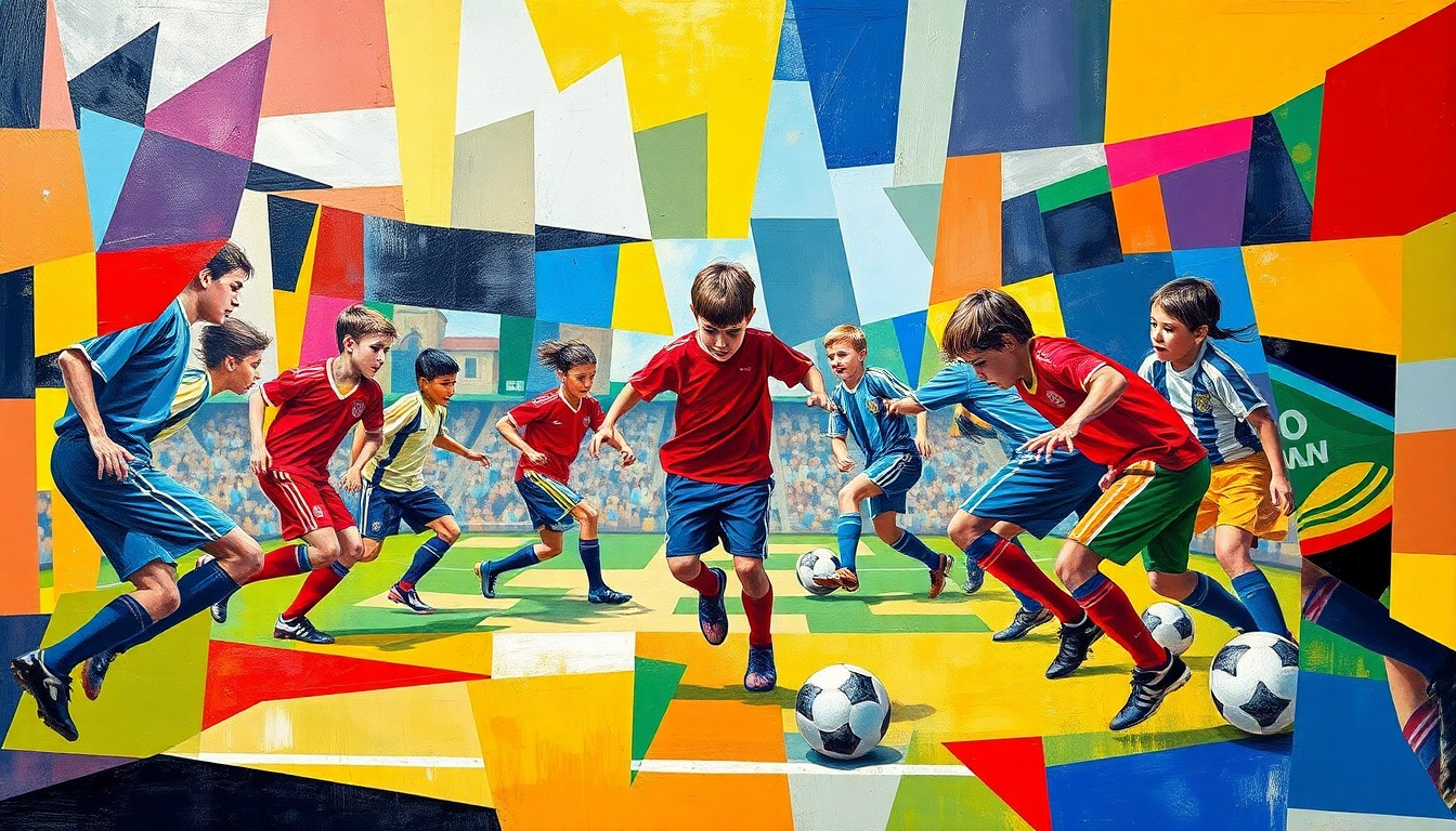 A fractured, multi-perspective painting depicting a youth soccer match, with players' forms broken down into sharp, overlapping geometric shapes in vibrant team colors.