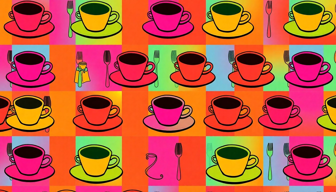 A brightly colored, high-contrast silkscreen print of a single, iconic restaurant object such as a coffee cup or plate repeated in a tight grid pattern, utilizing flat, vibrant neon color palettes and heavy black outlines to transform the mundane into modern pop art.