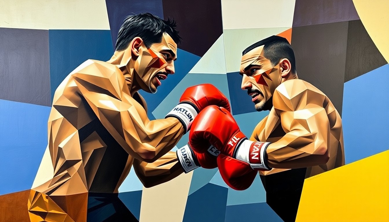 A cubist, geometric painting depicting the abstract forms of two boxers engaged in a match, their bodies and faces fragmented into sharp, overlapping planes of color and shape.