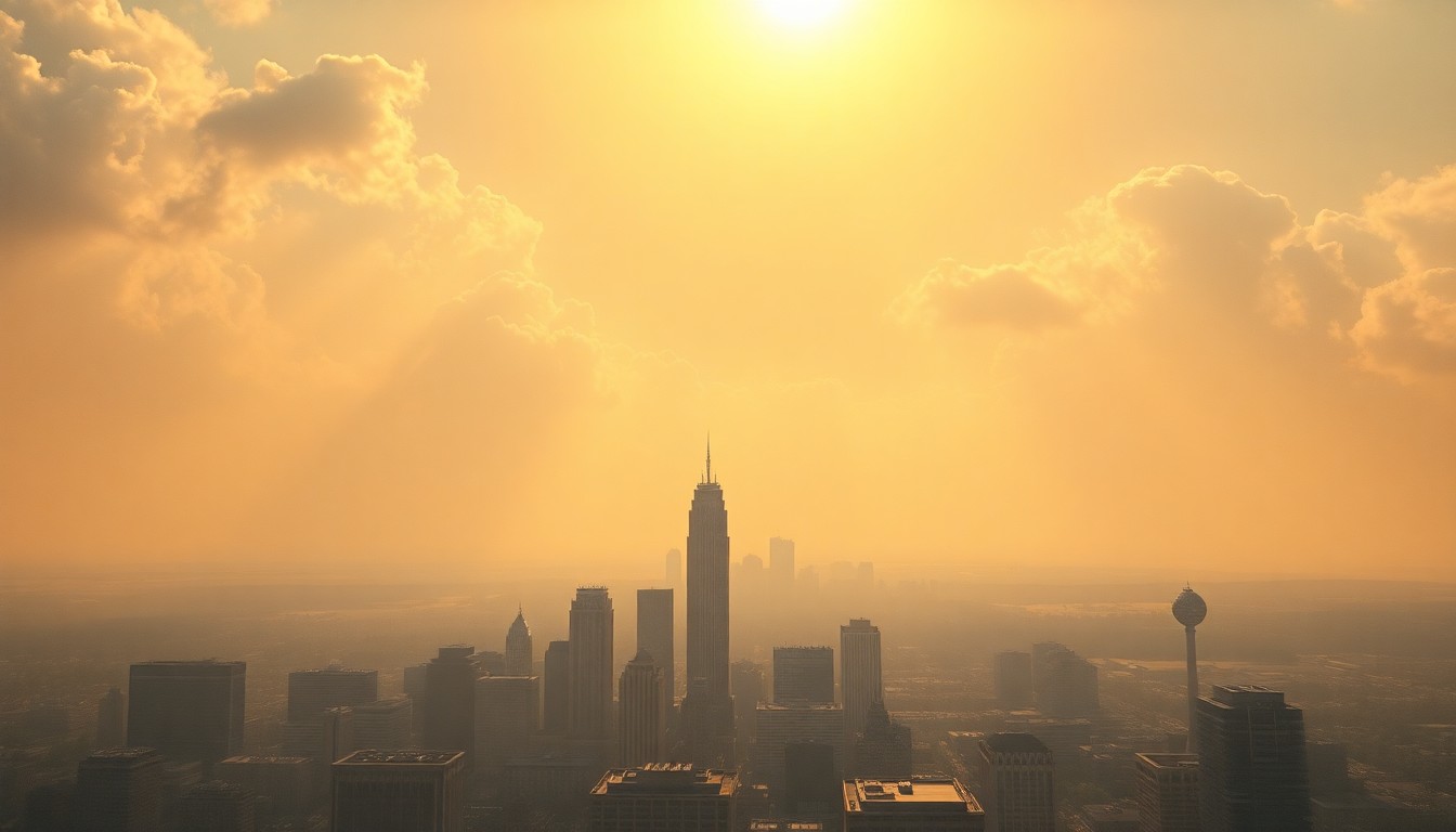 A sweeping, atmospheric landscape painting depicting the skyline of Charlotte, North Carolina, with the city's buildings and landmarks obscured by the overwhelming scale and intensity of the natural environment, conveying a sense of the sublime power of nature.