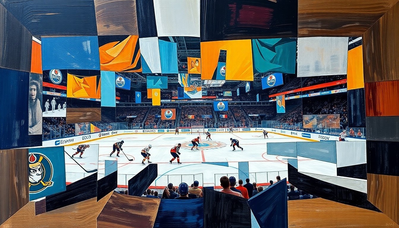A cubist, geometric painting depicting a hockey game between the Edmonton Oilers and Anaheim Ducks, with the players and action broken down into sharp, overlapping planes of color and shape.