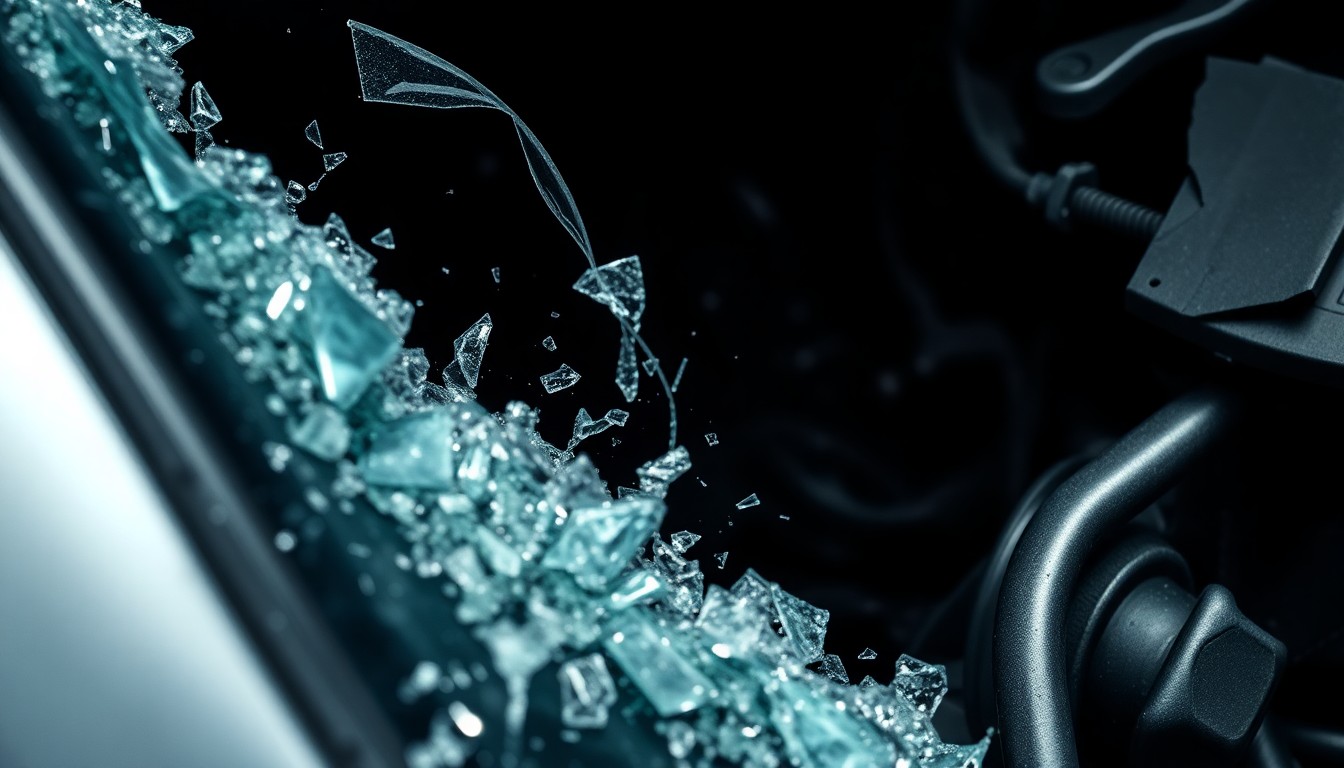 An extreme close-up photograph of shattered glass and twisted metal, conceptually representing the aftermath of a serious car accident.
