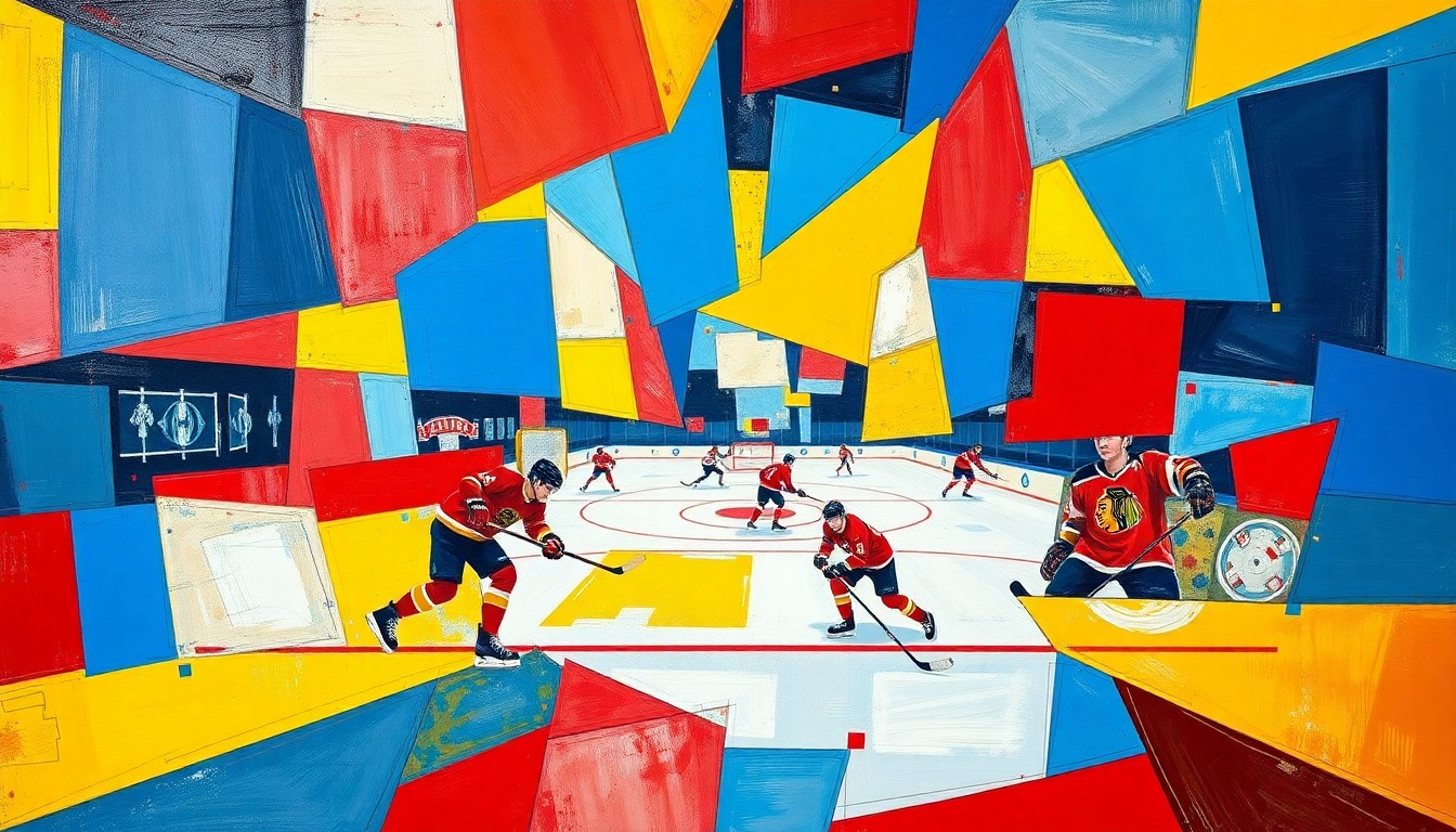 A cubist-style painting featuring overlapping geometric shapes and planes in vibrant blue, red, and yellow colors, representing the dynamic action and shifting momentum of a hockey game.