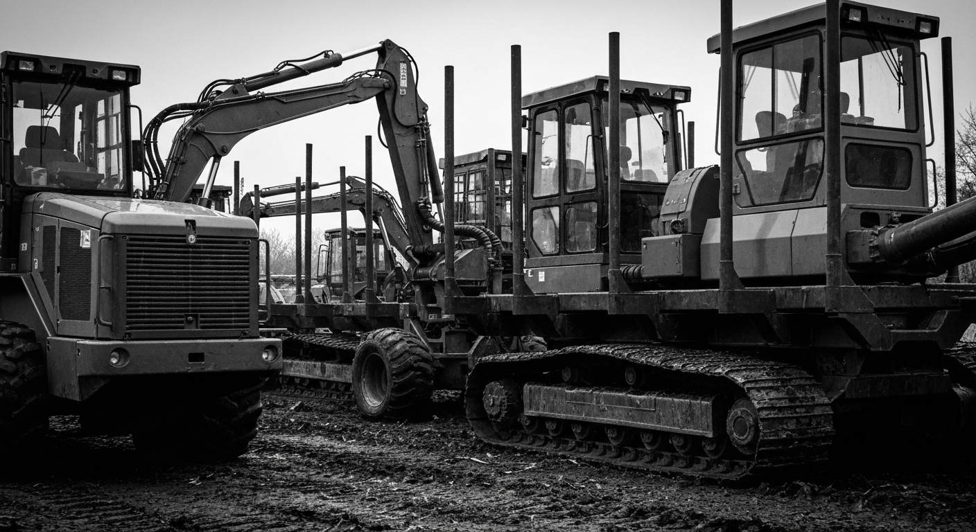 A high-contrast, black and white close-up photograph of large industrial machinery and equipment used in timber harvesting and wood processing, conveying the physical scale and power of the forestry industry without any text or identifiable branding.