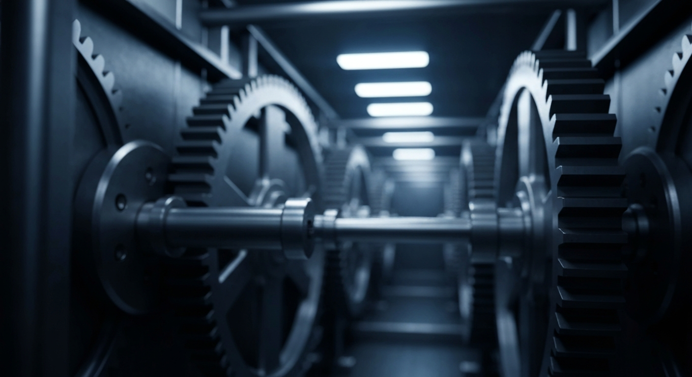 An extreme close-up of the heavy, industrial components of a bank vault, conveying the robust, physical nature of financial infrastructure without using any literal currency or charts.