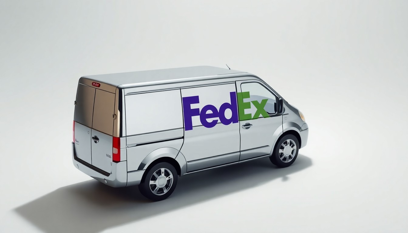 A photorealistic studio still-life image featuring a polished, geometric metal sculpture in the shape of a courier van, resting on a clean white background and dramatically lit to convey the precision and power of FedEx's logistics operations.