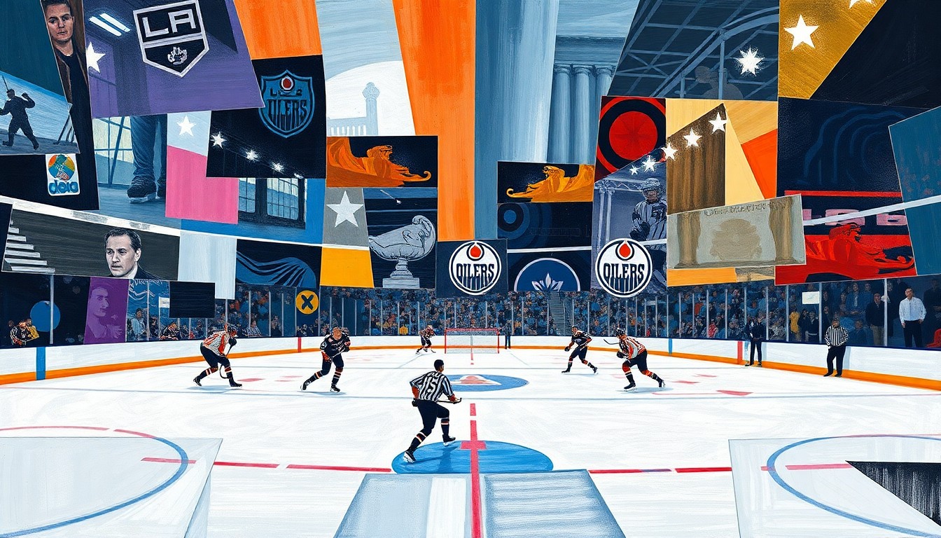 A fragmented, geometric painting depicting the dynamic interplay of hockey players on the ice, with sharp angles and overlapping shapes representing the intensity and complexity of the matchup between the Kings and Oilers.