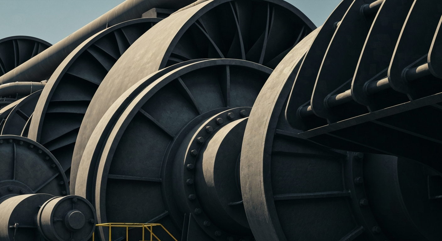 An extreme close-up of large, industrial machinery and equipment used in energy infrastructure, such as turbines, generators, or storage tanks, conveying a sense of the scale and power of the utility industry.