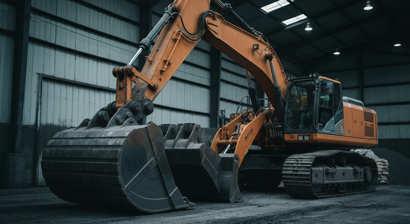 An extreme close-up of gleaming, intricate industrial machinery and equipment, representing the tangible financial power and security of the construction materials industry.