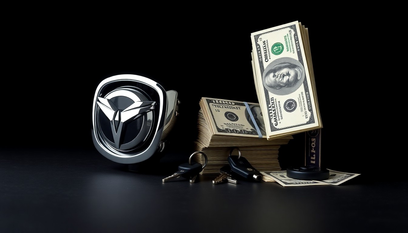 A photorealistic studio still life featuring a chrome truck grill ornament, stacks of cash, and truck keys, symbolizing the financial impact of toll evasion on the Ohio Turnpike.