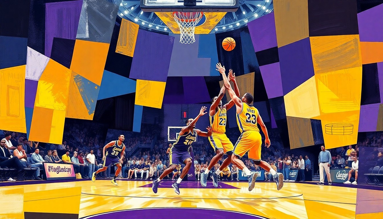 A cubist, geometric painting depicting a Lakers basketball game, with the players and court broken down into sharp, overlapping planes of purple, gold, and other vibrant colors, capturing the team's competitive spirit despite key injuries.
