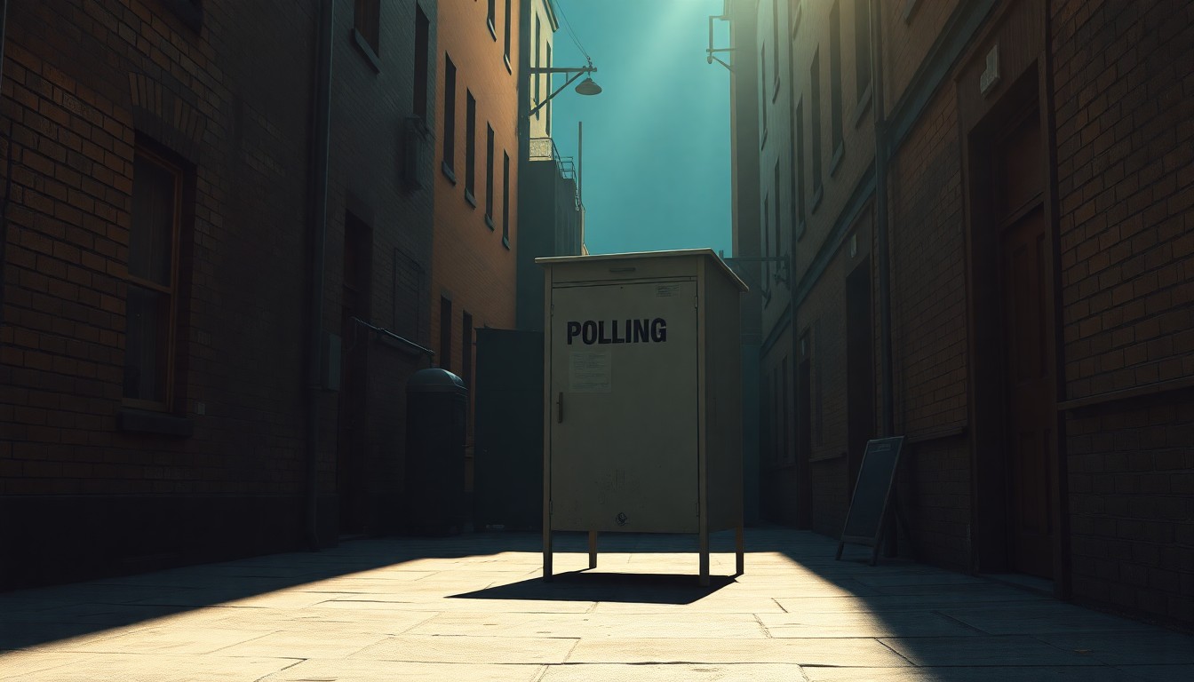 A moody, cinematic painting of a solitary, rundown polling booth in a dimly lit urban alley, conveying a sense of civic disengagement and political apathy through the use of warm, diagonal lighting and deep shadows.