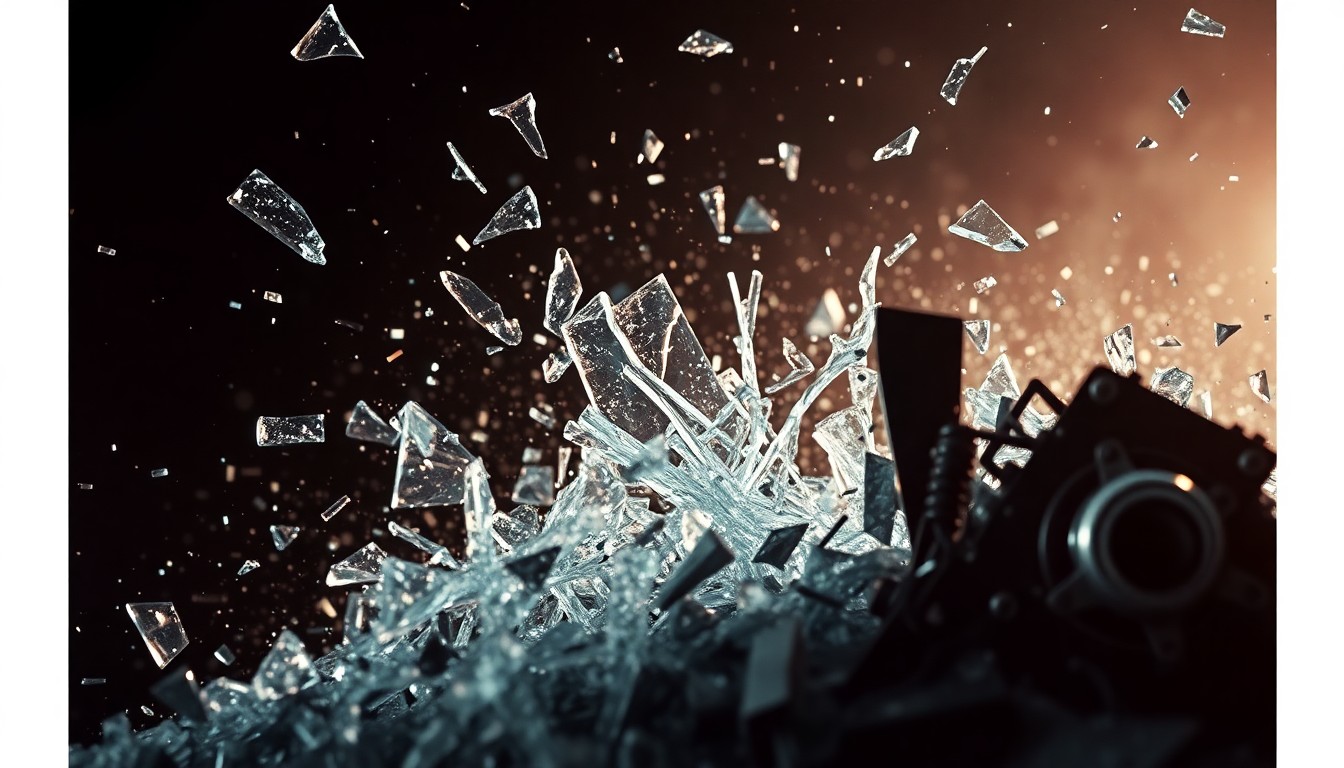 An abstract close-up photograph featuring shattered glass and crumpled metal in high-contrast studio lighting, conceptually representing the explosive action and melodrama of the Pearl Harbor film.