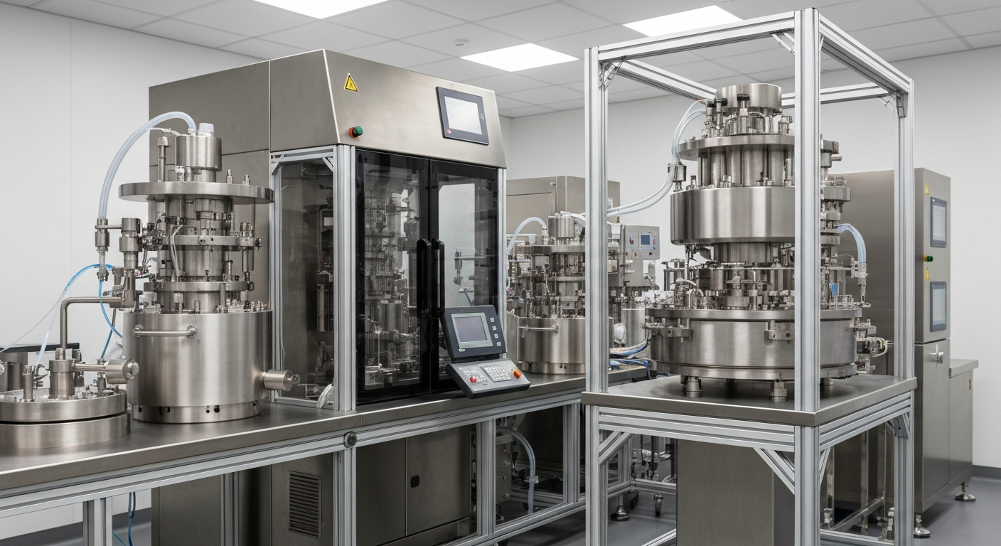 An extreme close-up of industrial pharmaceutical equipment, including gears, valves, and metal components, conveying the scale and complexity of Eli Lilly's manufacturing capabilities.