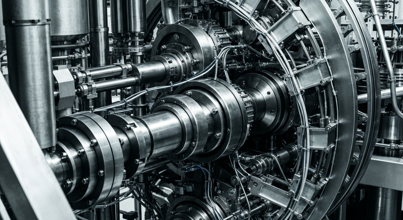 A cinematic close-up image of the heavy, industrial machinery and components that make up the internal workings of a pharmaceutical manufacturing facility, captured in a high-contrast, documentary style that emphasizes the scale, complexity, and power of Johnson & Johnson's production capabilities.