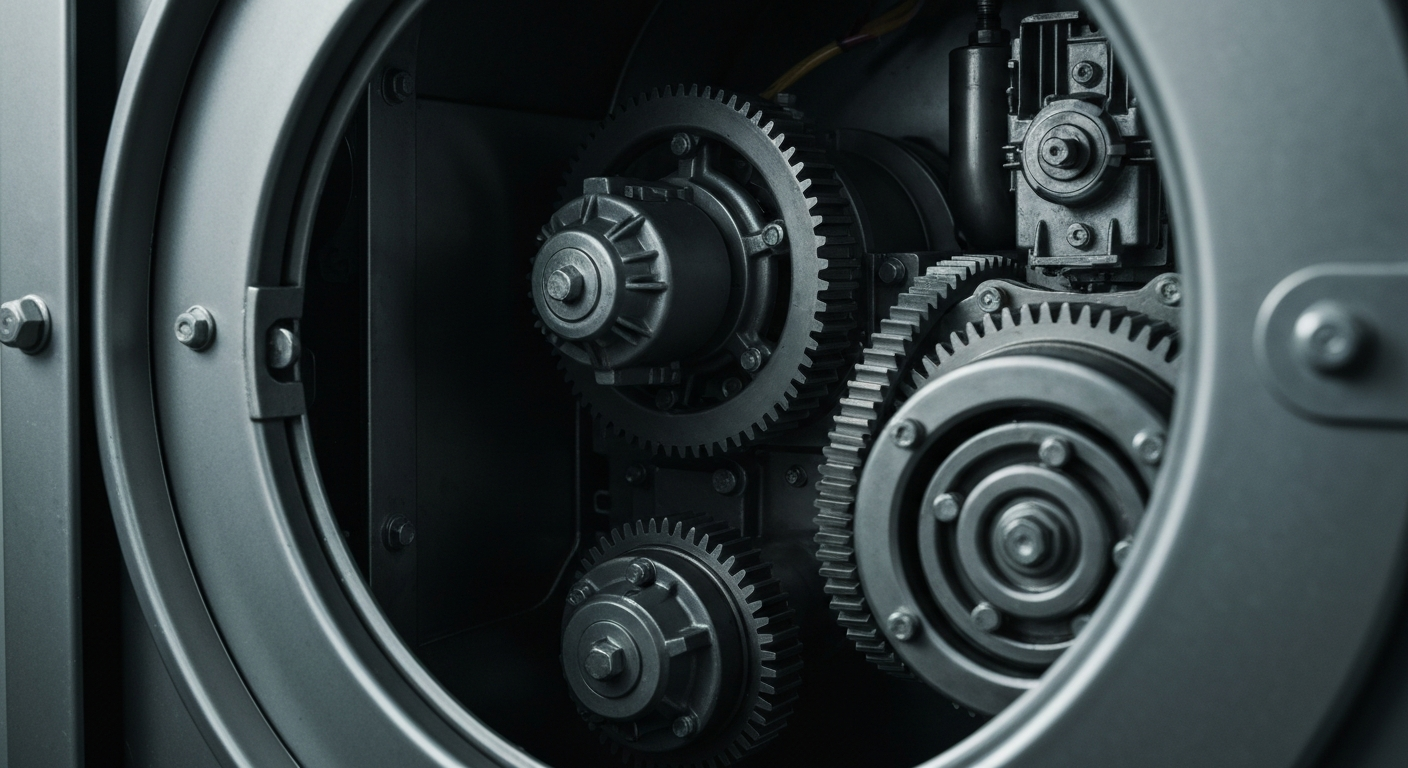 An extreme close-up of the intricate inner workings of an industrial washing machine, with gears, motors, and other mechanical components filling the frame in a cinematic, high-contrast composition that conveys a sense of the heavy, tangible nature of financial infrastructure.
