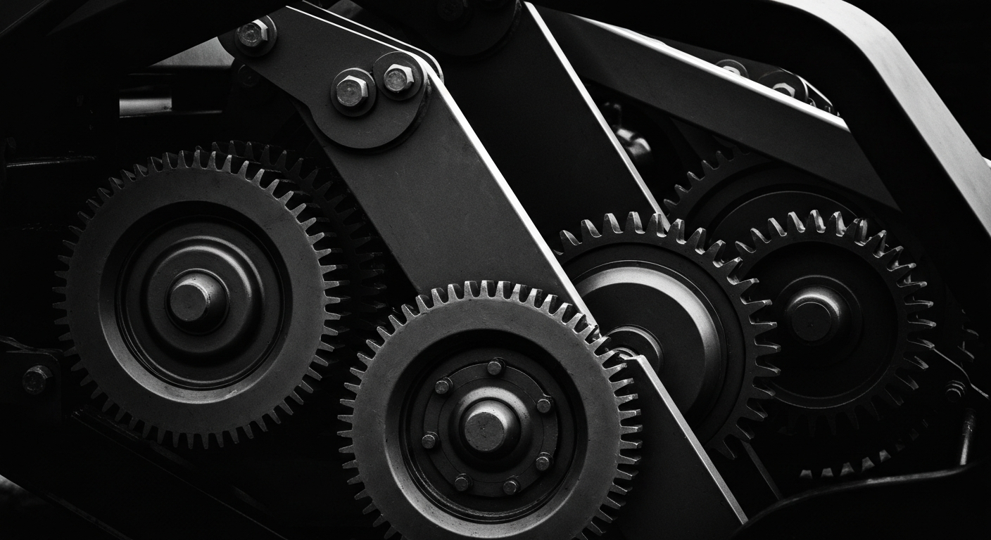 An extreme close-up of the complex gears and mechanisms of a large industrial farming machine, rendered in high-contrast black and white. The heavy, tangible machinery fills the frame, representing the power and precision of Deere & Company's products.