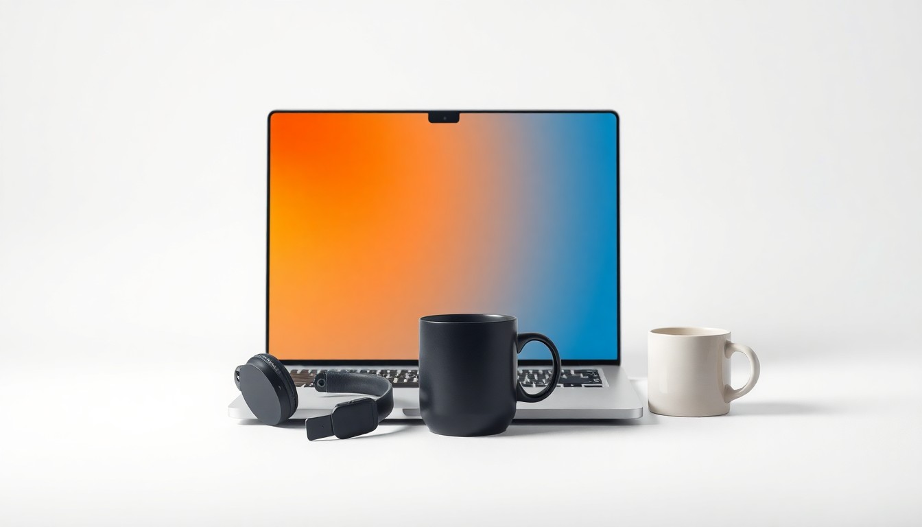 A photorealistic studio still life featuring a laptop, headphones, and coffee mug arranged elegantly on a clean, white background, conveying the abstract concepts of career, technology, and personal growth.