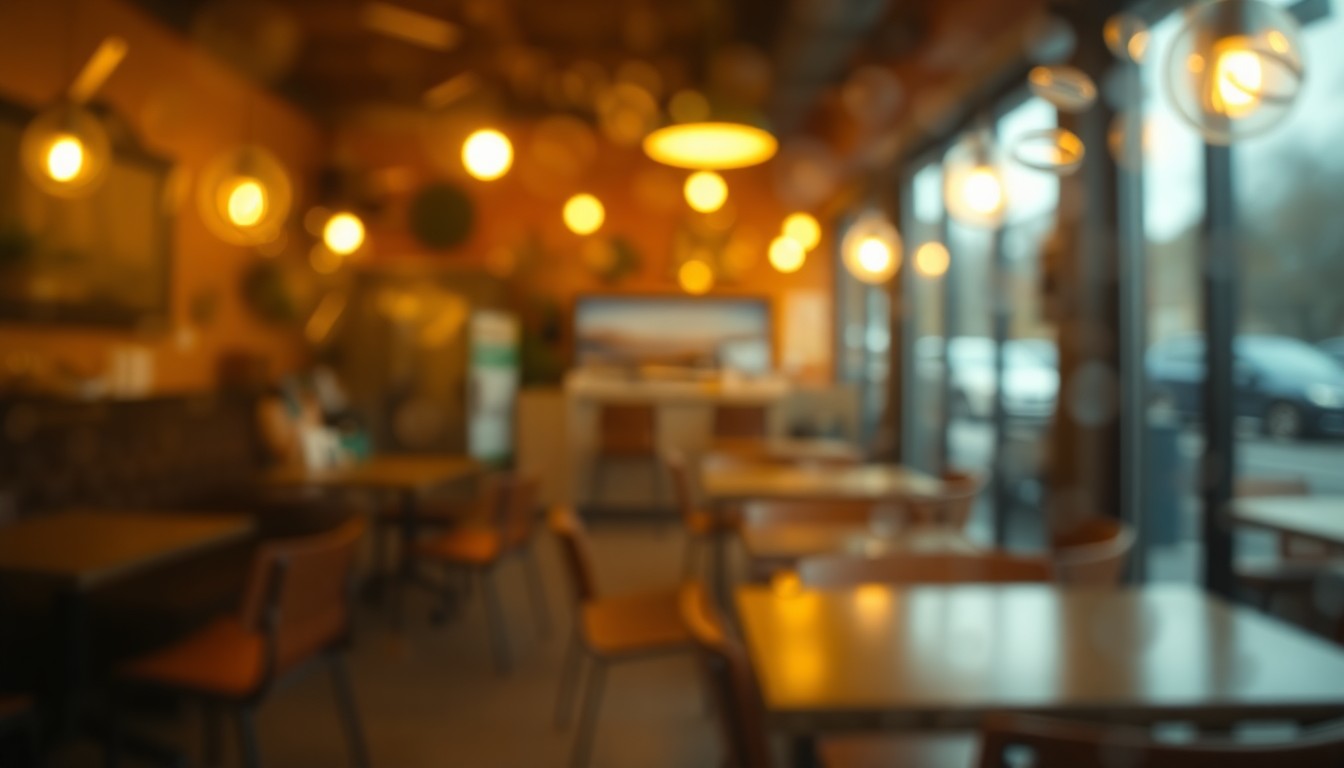 An abstract, impressionistic scene of a cozy coffee shop interior, with blurred shapes and pools of warm, soft light, conveying a sense of community and artistic expression.