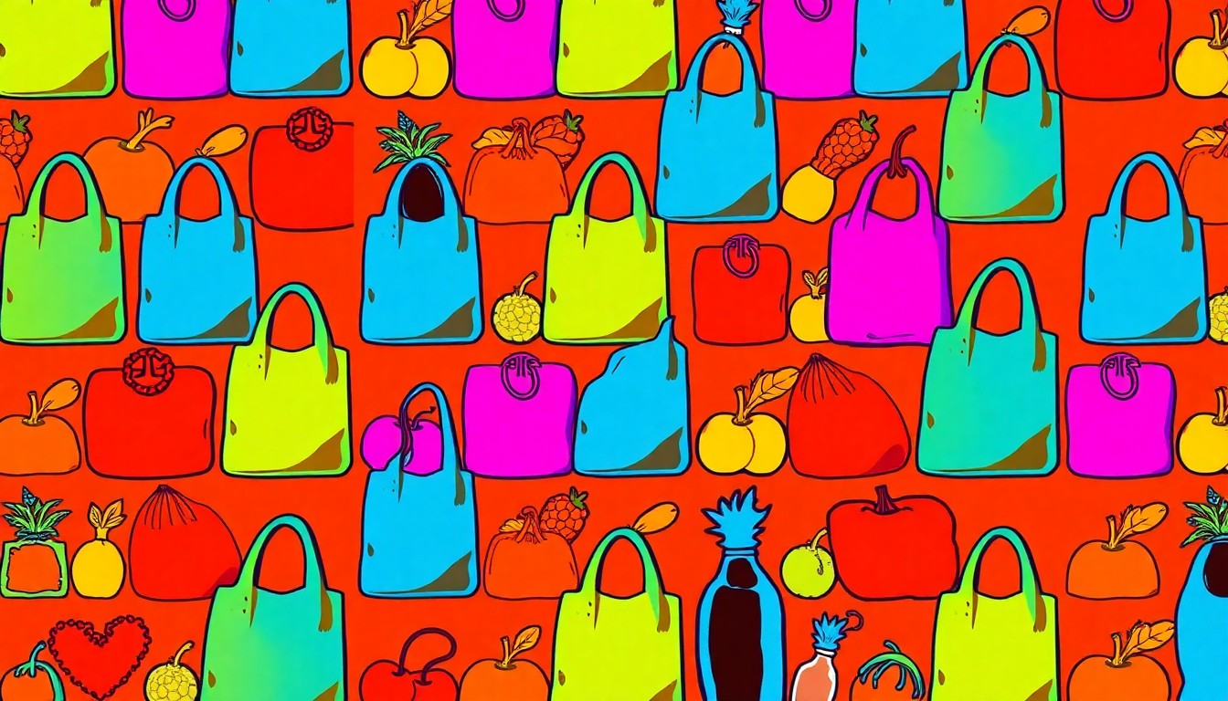 A brightly colored, high-contrast silkscreen print of a reusable grocery bag repeated in a tight grid pattern, conceptually representing the iconic lifestyle products and community-focused values of Rainbow Grocery Cooperative.