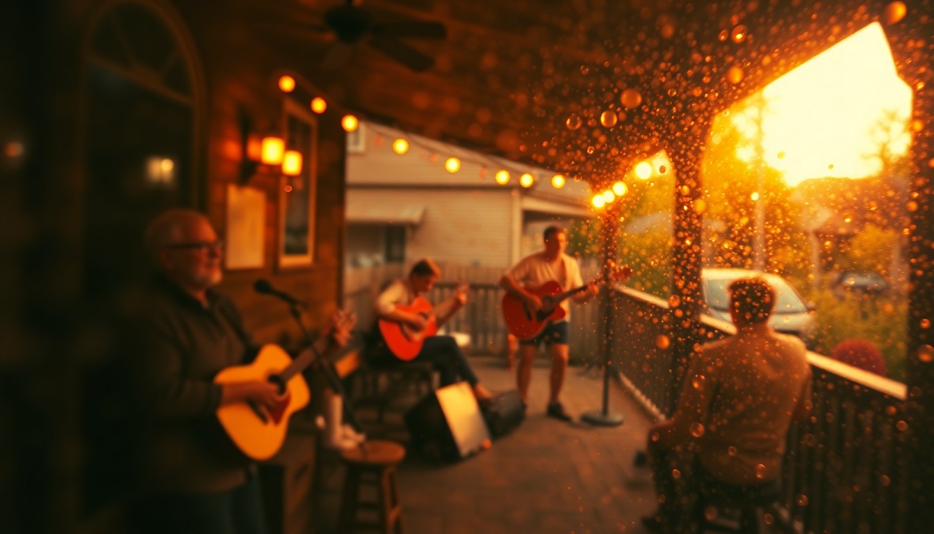 An impressionistic scene of blurred figures and colors, evoking the lively, community atmosphere of a porch music festival.