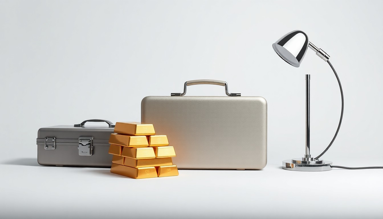 A high-end, photorealistic studio still-life photograph featuring a stack of gold bullion bars, a sleek metal briefcase, and a polished chrome desk lamp arranged elegantly on a clean, white seamless background, conceptually representing the abstract ideas of wealth, finance, and corporate power.