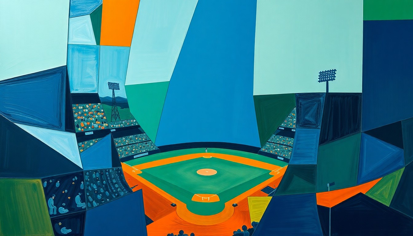 A cubist-style painting depicting a baseball game broken down into sharp, overlapping geometric shapes and planes of navy, green, and orange, capturing the tension and drama of the Yankees' narrow defeat.