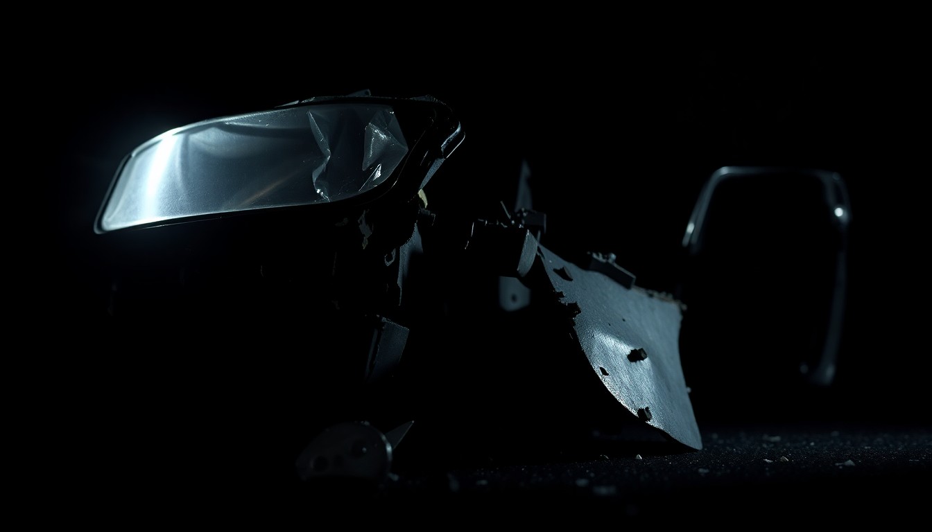 An extreme close-up photograph of a damaged car part or piece of physical evidence from the crash site, lit by a harsh, direct camera flash against a pitch-black background, conveying the stark, gritty, and investigative nature of the incident.
