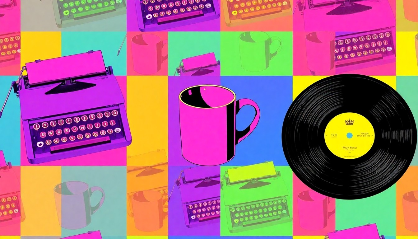 A vibrant, high-contrast silkscreen print featuring a grid of vintage typewriters, coffee mugs, and vinyl records in bold, neon colors, conceptually representing the eclectic mix of antique and collectible items found at the DC Big Flea Antiques Event.