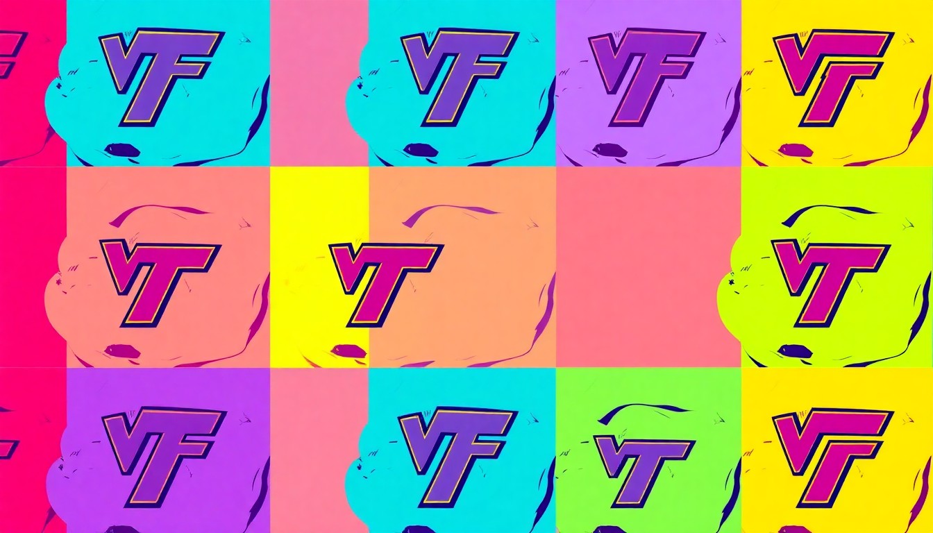 A bold, abstract silkscreen print featuring a repeated pattern of a Hokie stone, a signature element of Virginia Tech's campus architecture, in a grid of bright, neon-inspired colors and heavy black outlines, conceptually representing the university's enduring legacy and community ties.