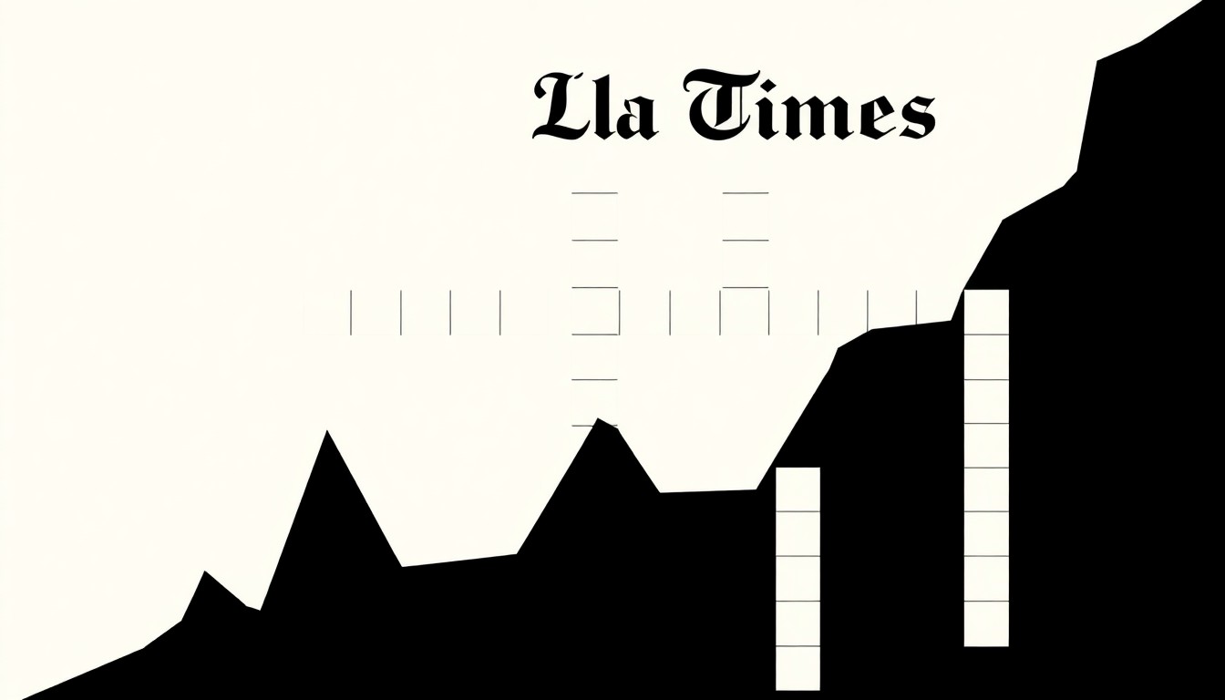 A striking abstract composition of bold, jagged black silhouettes and high-contrast solid colors, conceptually representing the LA Times Crossword puzzle without any text or literal imagery.