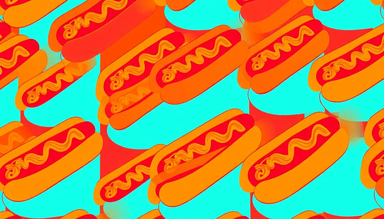 A vibrant, high-contrast silkscreen print featuring a repeated image of a classic American hot dog in a grid pattern, rendered in bold, neon colors and heavy black outlines to capture the essence of pop art.