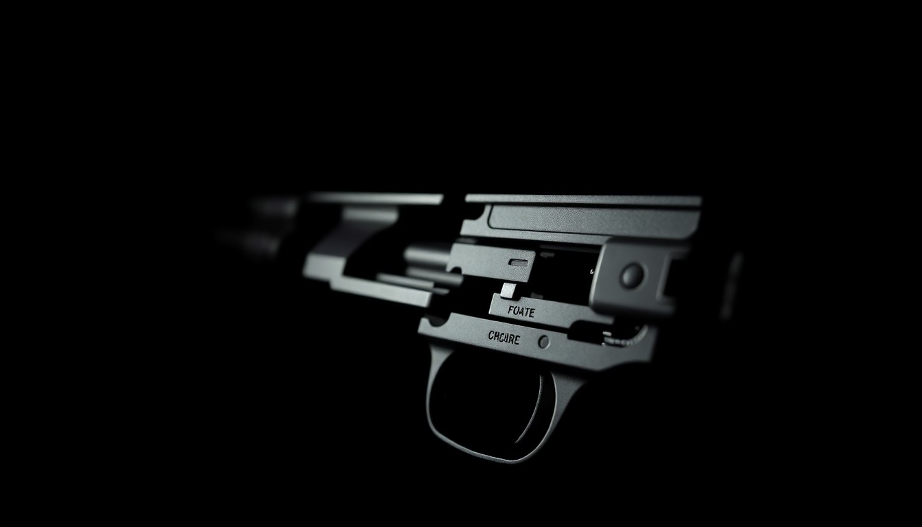 An extreme close-up photograph of a disassembled firearm component, such as a magazine or trigger mechanism, lit by a harsh, direct camera flash against a pitch-black background, conceptually illustrating the discovery of an illegal weapon during a traffic stop.