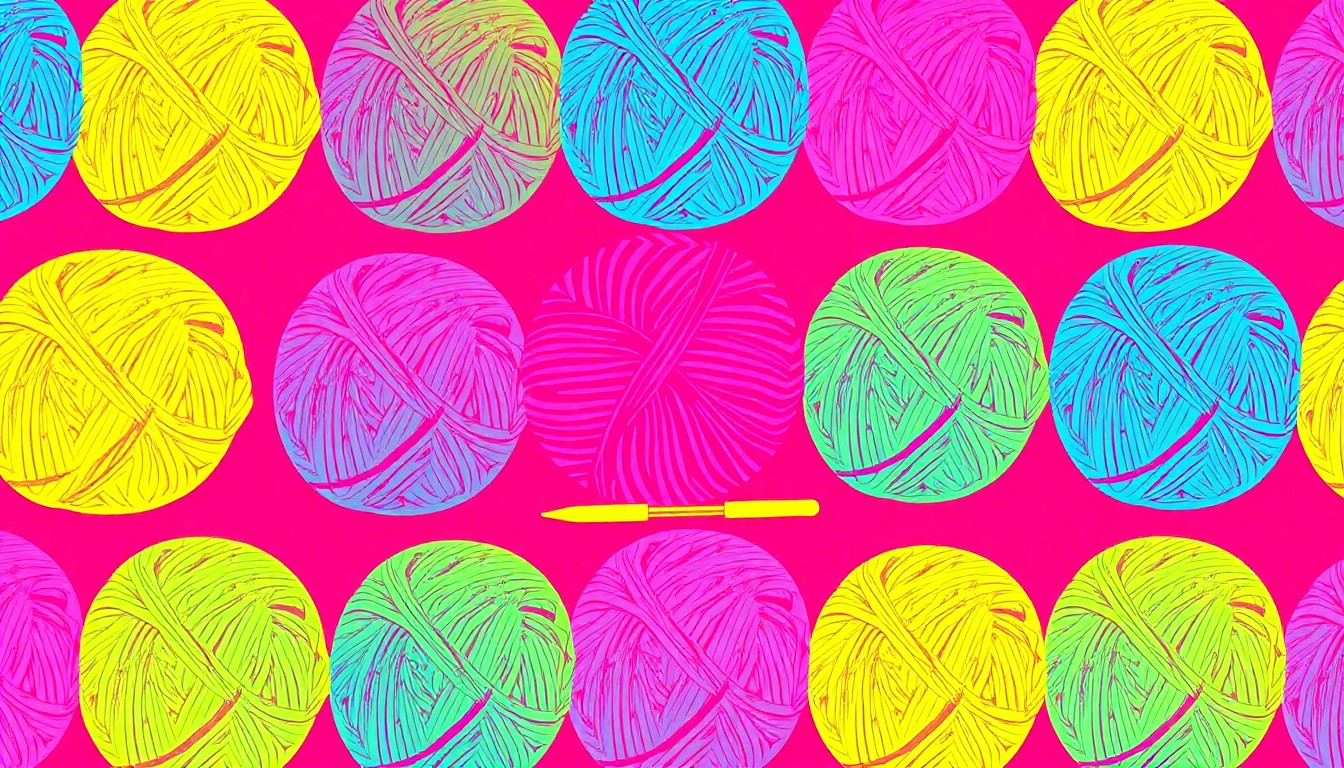 A vibrant, high-contrast silkscreen illustration featuring a repeated pattern of knitting needles and yarn in bold, neon colors, conceptually representing the community-driven effort to leverage crafting skills for hunger relief.