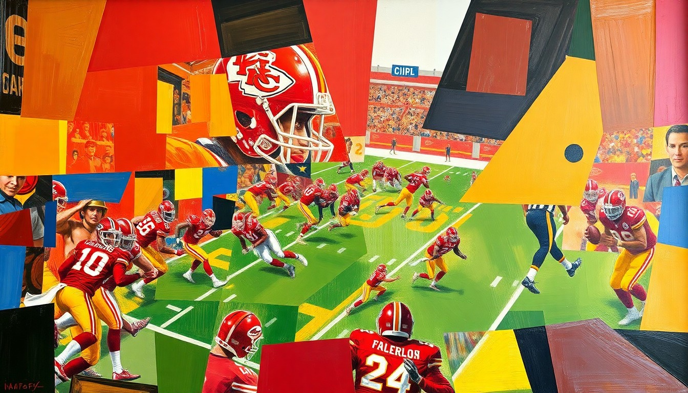 A cubist, geometric painting depicting fragmented football players and draft prospects, using bold red and gold colors to represent the Kansas City Chiefs.