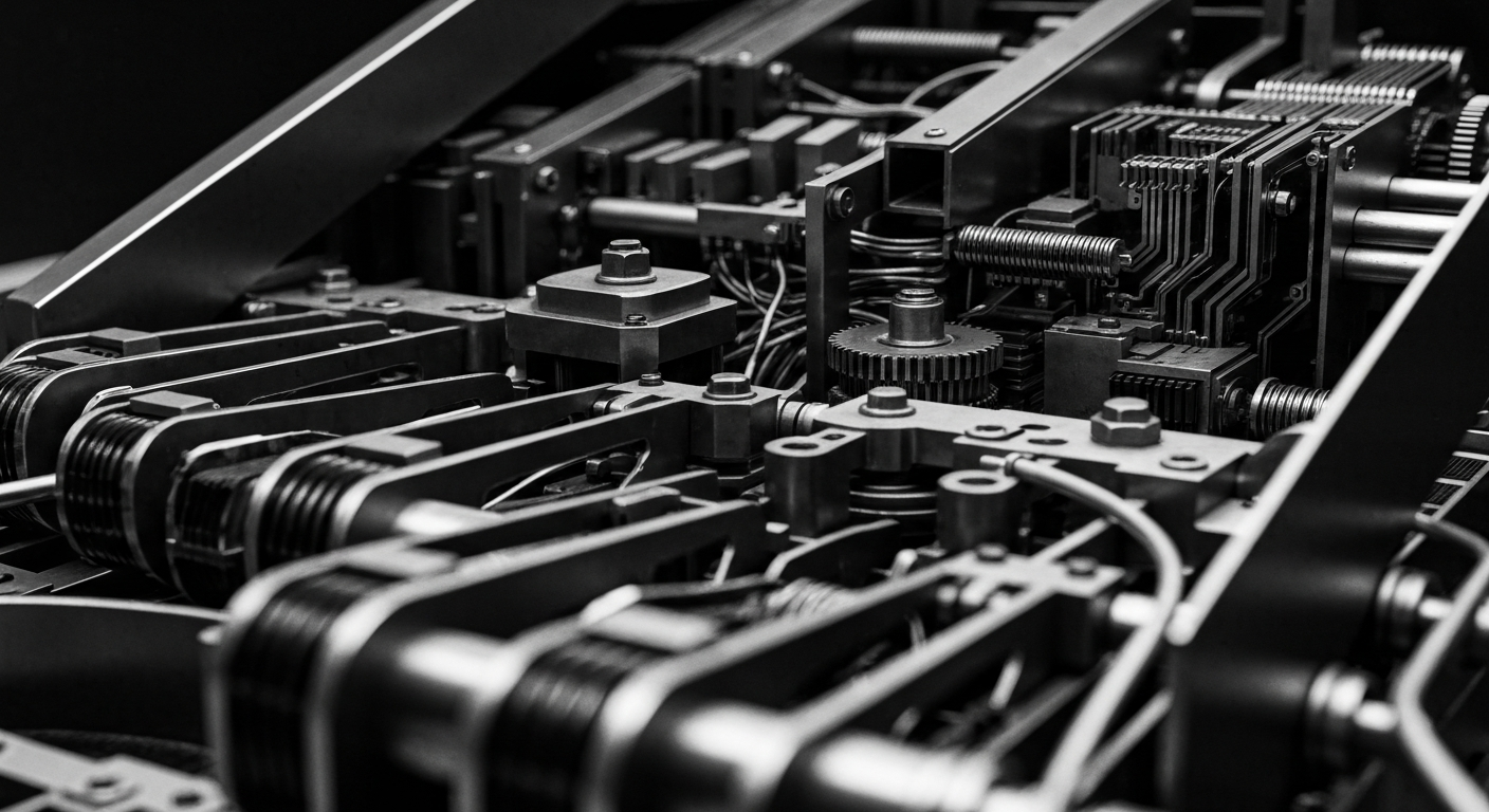 A close-up, high-contrast black and white image of complex banking mechanisms and machinery, representing the institutional power and financial security of Neonc Technologies.