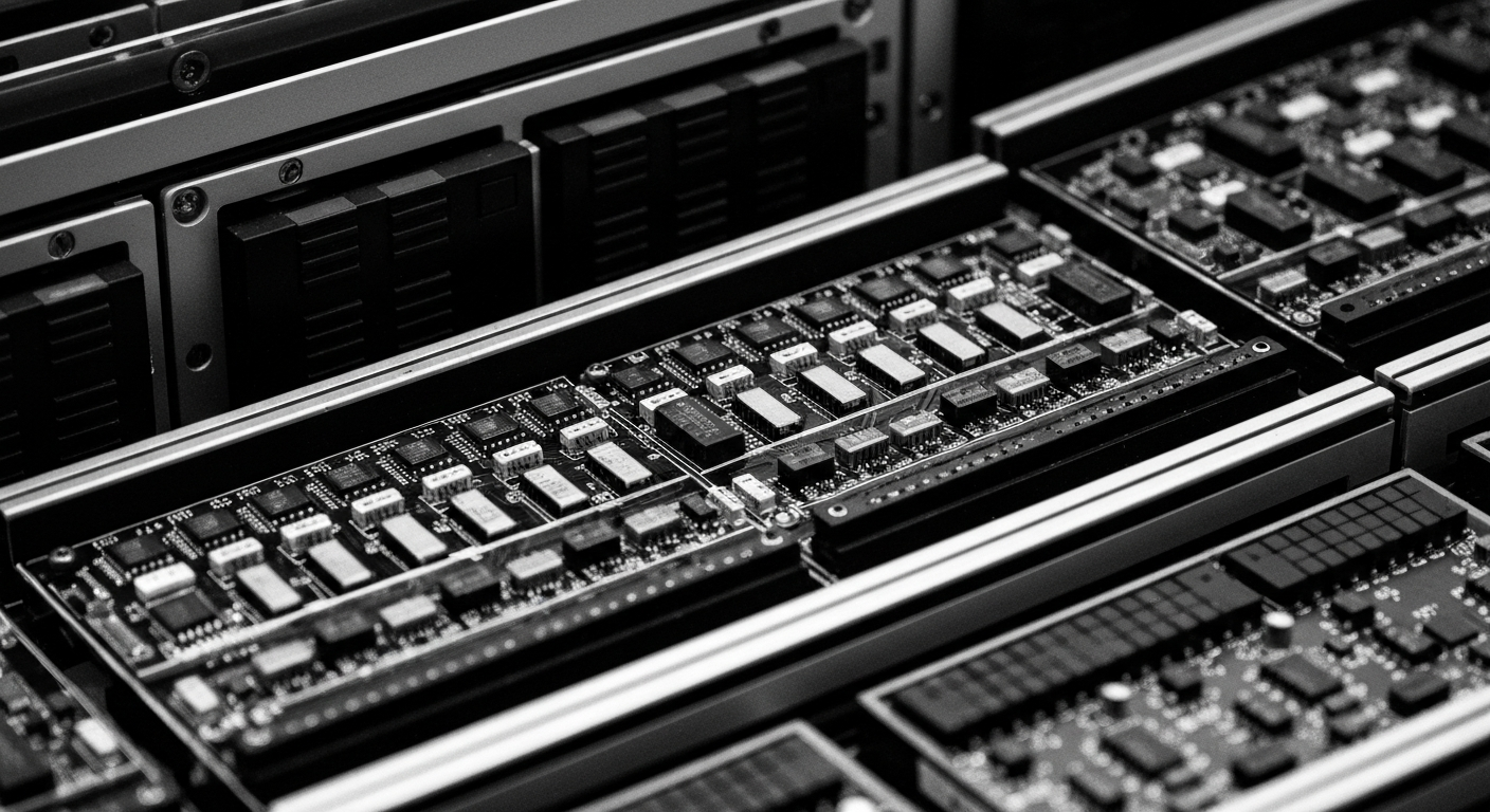 A high-contrast, cinematic close-up photograph of intricate banking and computing machinery, representing the unseen technological backbone of the pharmaceutical industry.