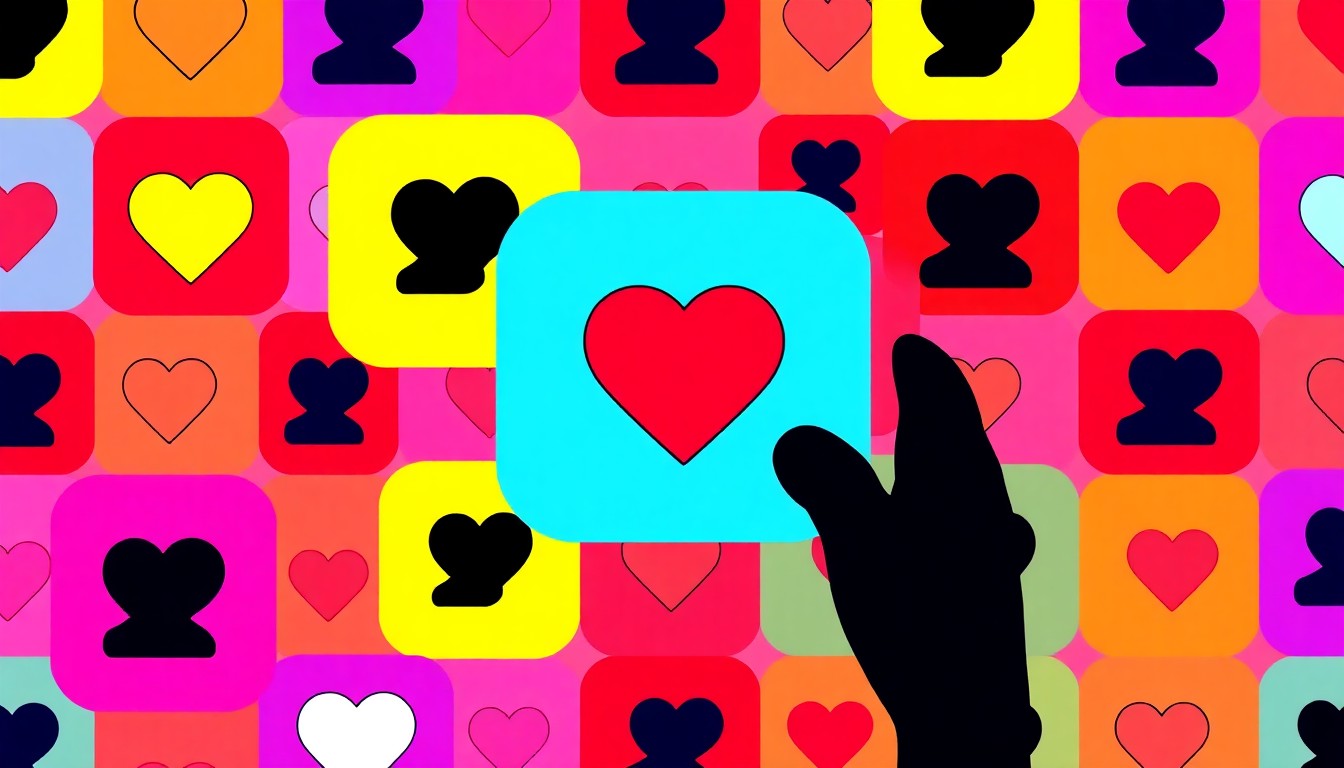 A brightly colored, high-contrast silkscreen print of a single, iconic dating app icon such as a heart or profile picture, repeated in a tight grid pattern in vibrant neon colors with heavy black outlines, conceptually representing the paradox of choice in modern dating.