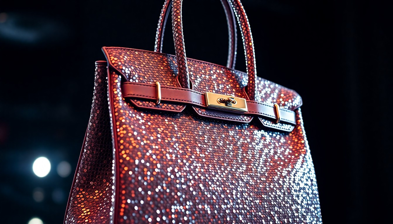 An abstract, high-contrast close-up photograph of the shimmering, sequined texture of a luxury Hermès Birkin handbag, capturing the glamorous and high-fashion aesthetic.