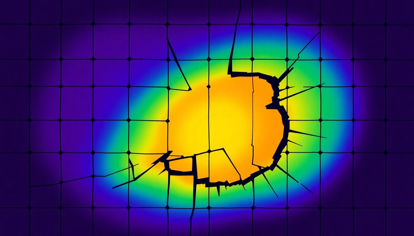 An extreme close-up of a shattered Waymo self-driving car sensor lens reflecting a faint red light, conceptually illustrating the vandalism of autonomous vehicles.