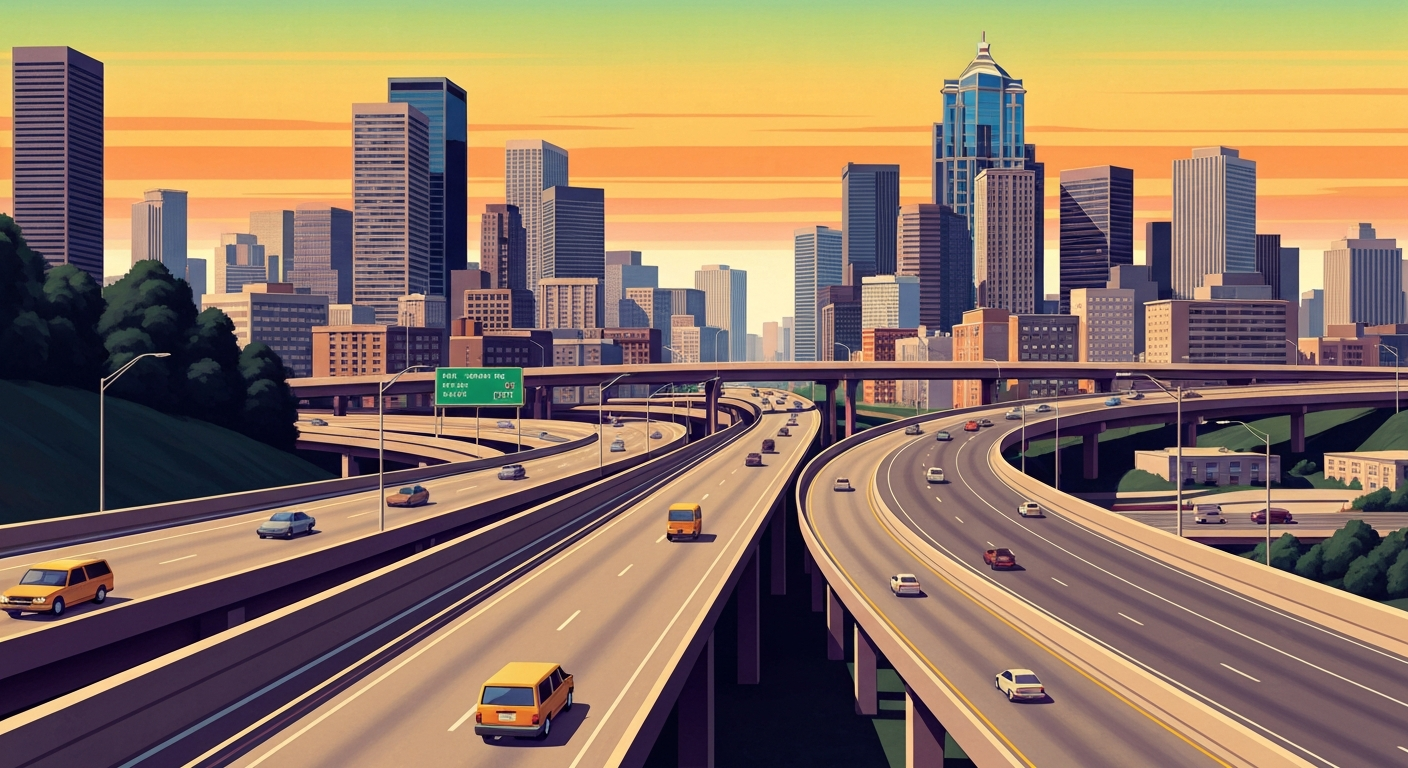 A bold, geometric illustration in the Art Deco style, depicting the towering, sweeping forms of a highway overpass and cityscape in the background, conveying the grand scale and impact of the upcoming I-5 closures in Seattle.